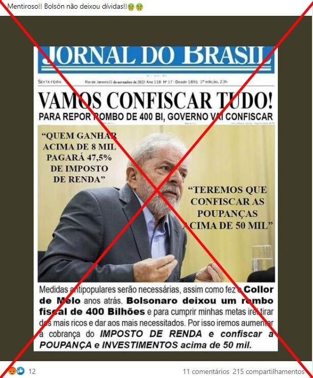 Capa com manchete sobre suposto confisco de poupança por parte de Lula é montagem
