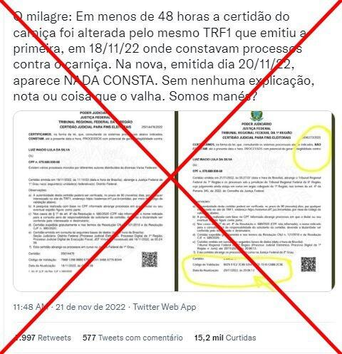 Certidões eleitorais de Lula no TRF1 não foram alteradas, elas se referem a instâncias diferentes