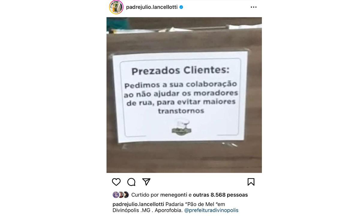 Padre Júlio Lancellotti acusa padaria de aporofobia e gera polêmica em MG - Reprodução Instagram Padre Júlio Lancellotti