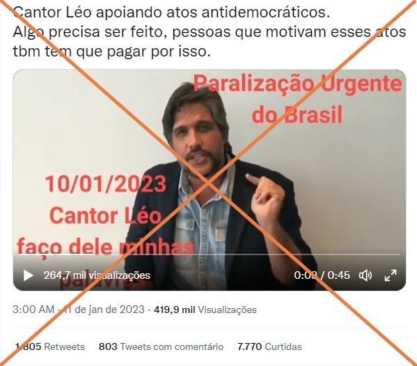 Vídeo de 2018 de cantor Leo Chaves é falsamente associado a apoio aos ataques em Brasília