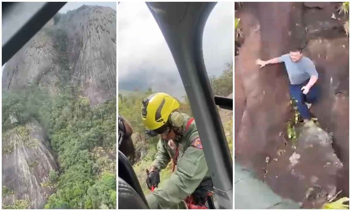 Vídeo: dupla é salva de helicóptero em MG ao subir pedreira para tirar foto - Reprodução de vídeo/PM de Governador Valadares