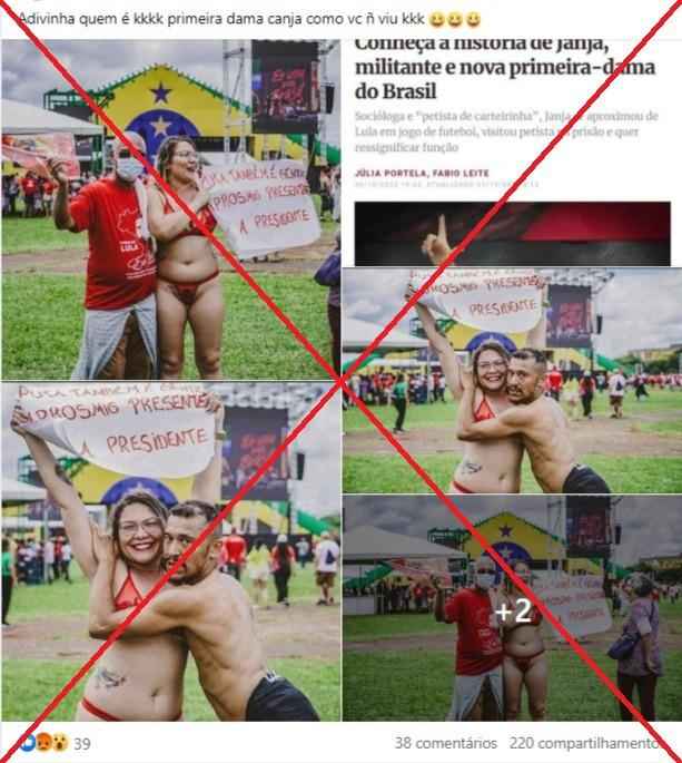Mulher de lingerie vermelha e com cartaz sobre prostituição não é a primeira-dama Janja