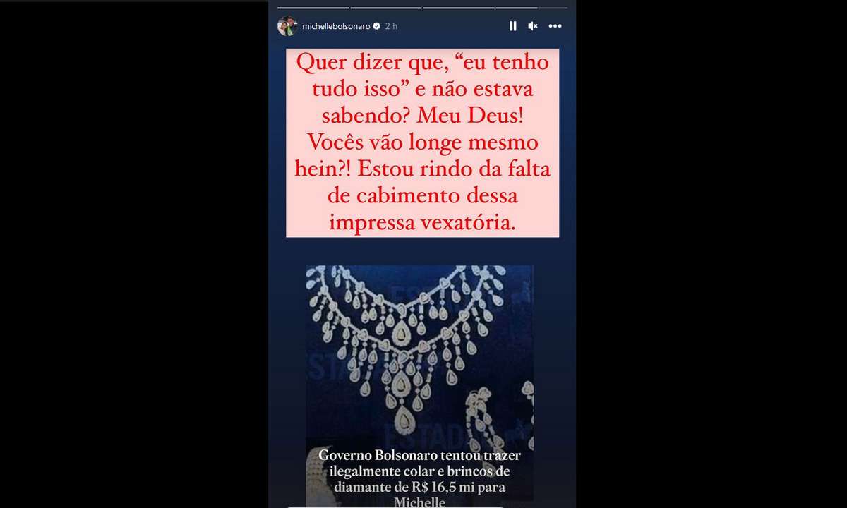 Michelle Bolsonaro ironiza notícia de que governo tentou trazer joias - Reprodução/Instagram