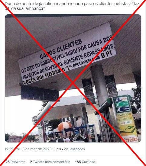 É montagem a foto de cartaz em posto de gasolina culpando o PT por aumento nos preços