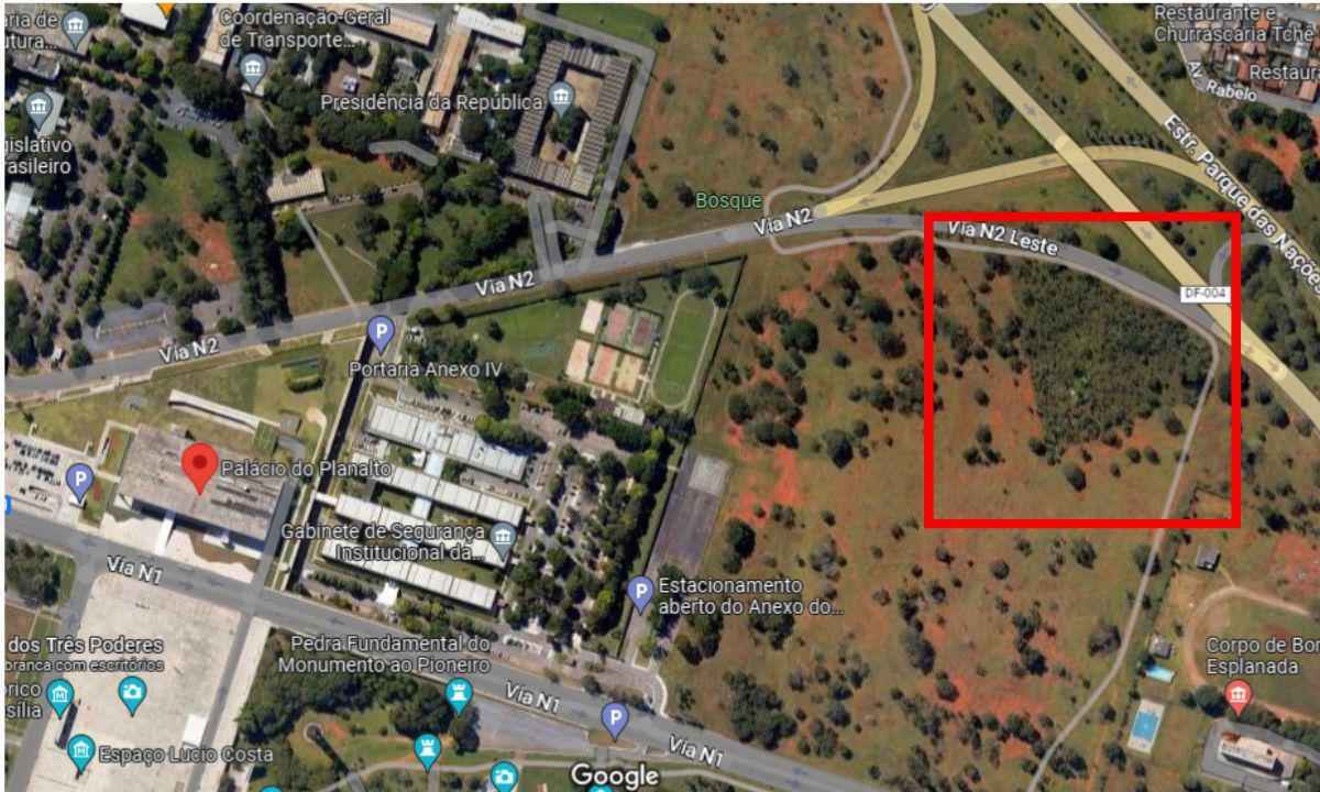Polícia encontra ossada humana em matagal próximo ao Palácio do Planalto - Reprodução/Google Maps
