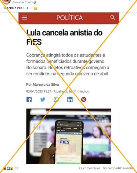 É montagem a 'notícia' que afirma que Lula 'cancelou anistia do Fies' - Reprodução