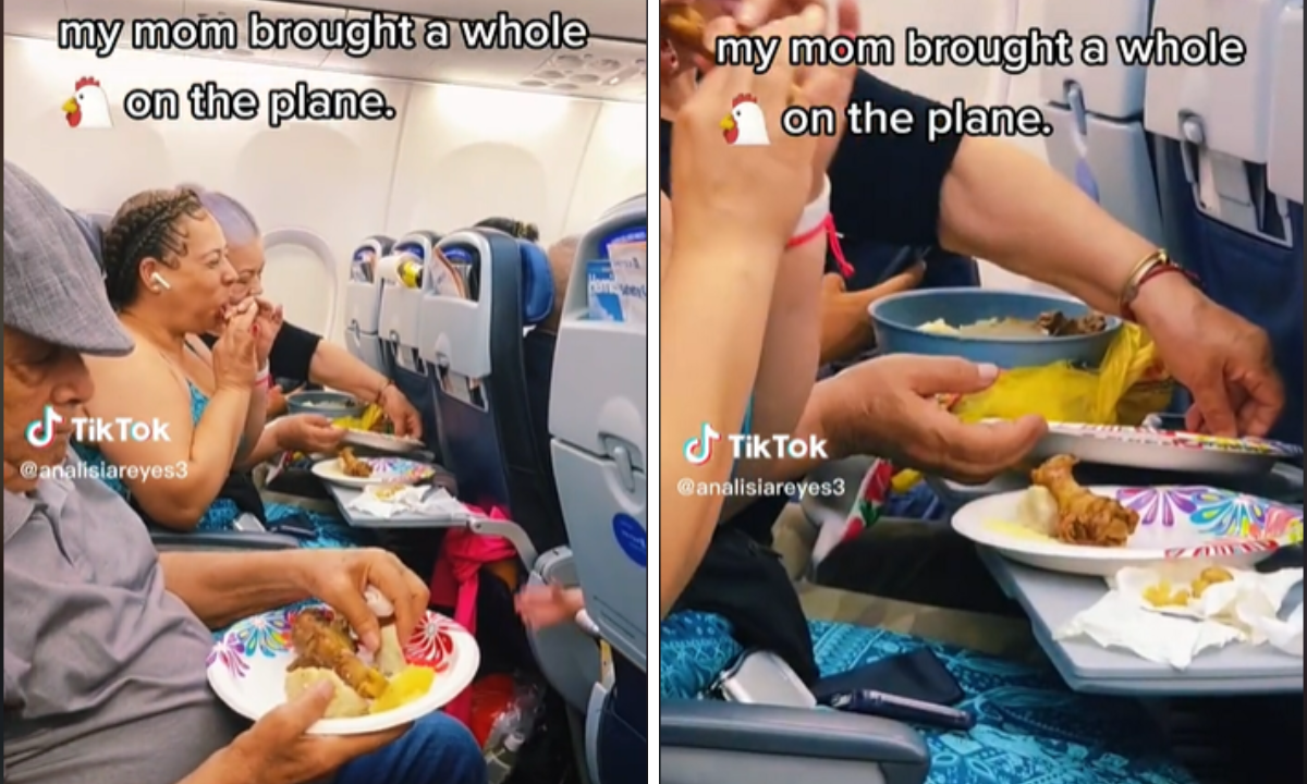 Família leva galinha caipira para jantar no avião e viraliza nas redes - Reprodução / TikTok