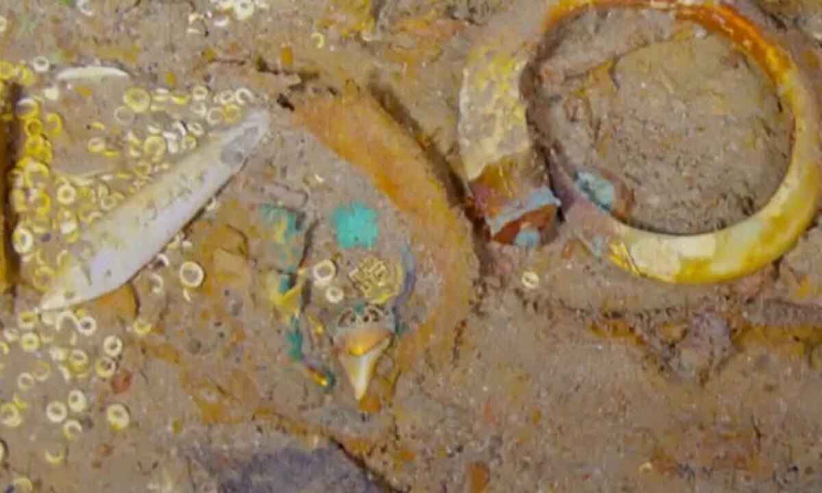 Colar de ouro e dentes de megalodonte descoberto nos destroços do Titanic - REPRODUÇÃO/MAGELLAN