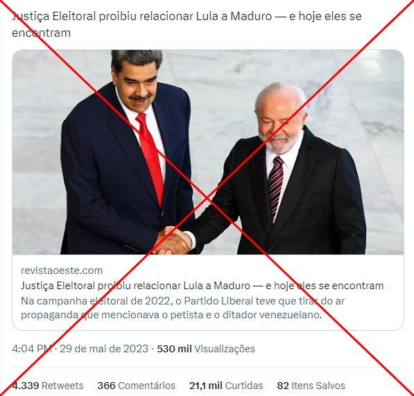 TSE não 'proibiu' associar Lula a Maduro - Reprodução