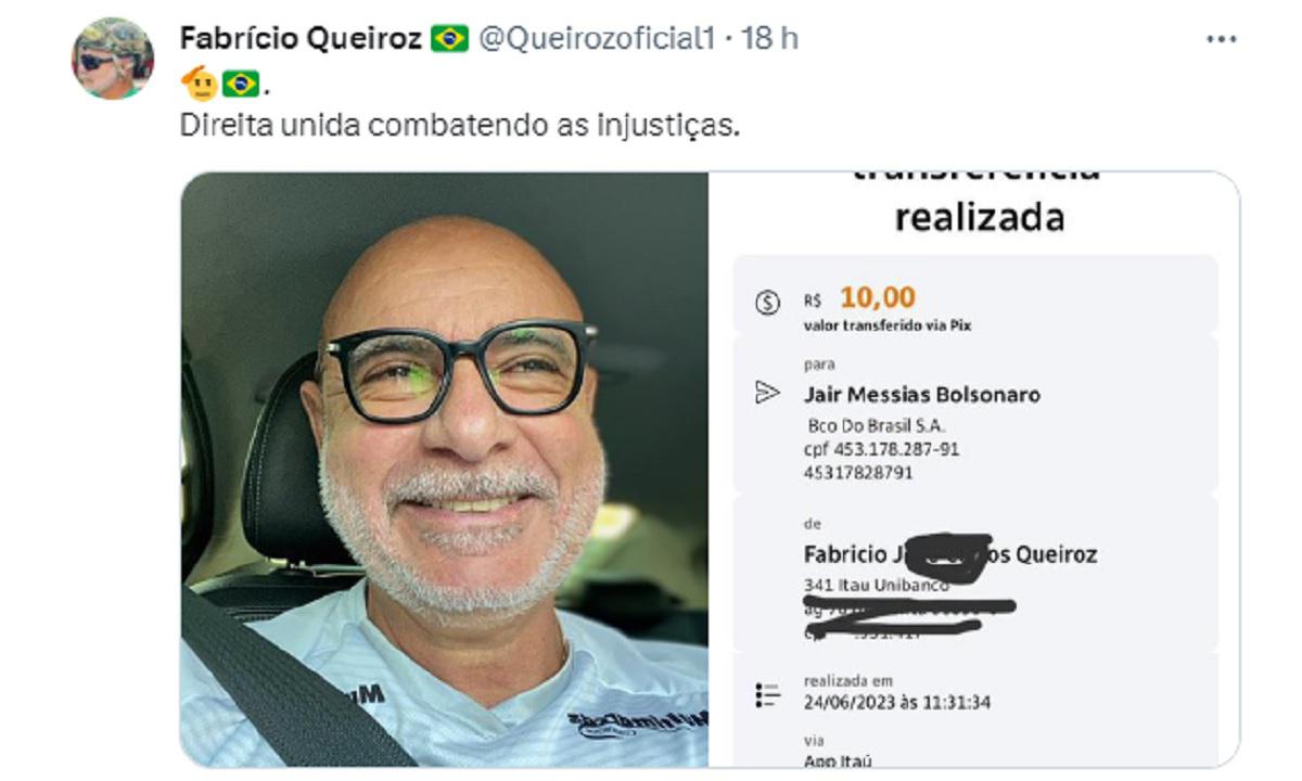 Queiroz faz pix de R$ 10 para ajudar Bolsonaro: 'Combatendo as injustiças'