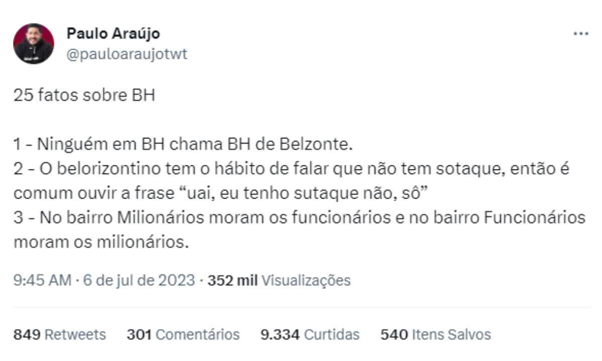 Humorista faz thread com 25 fatos sobre Belo Horizonte e viraliza - Rede sociais/Twitter