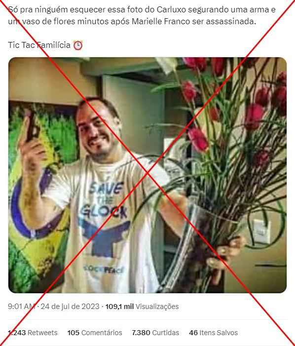 Carlos Bolsonaro não publicou foto com armas e flores após o assassinato de Marielle Franco