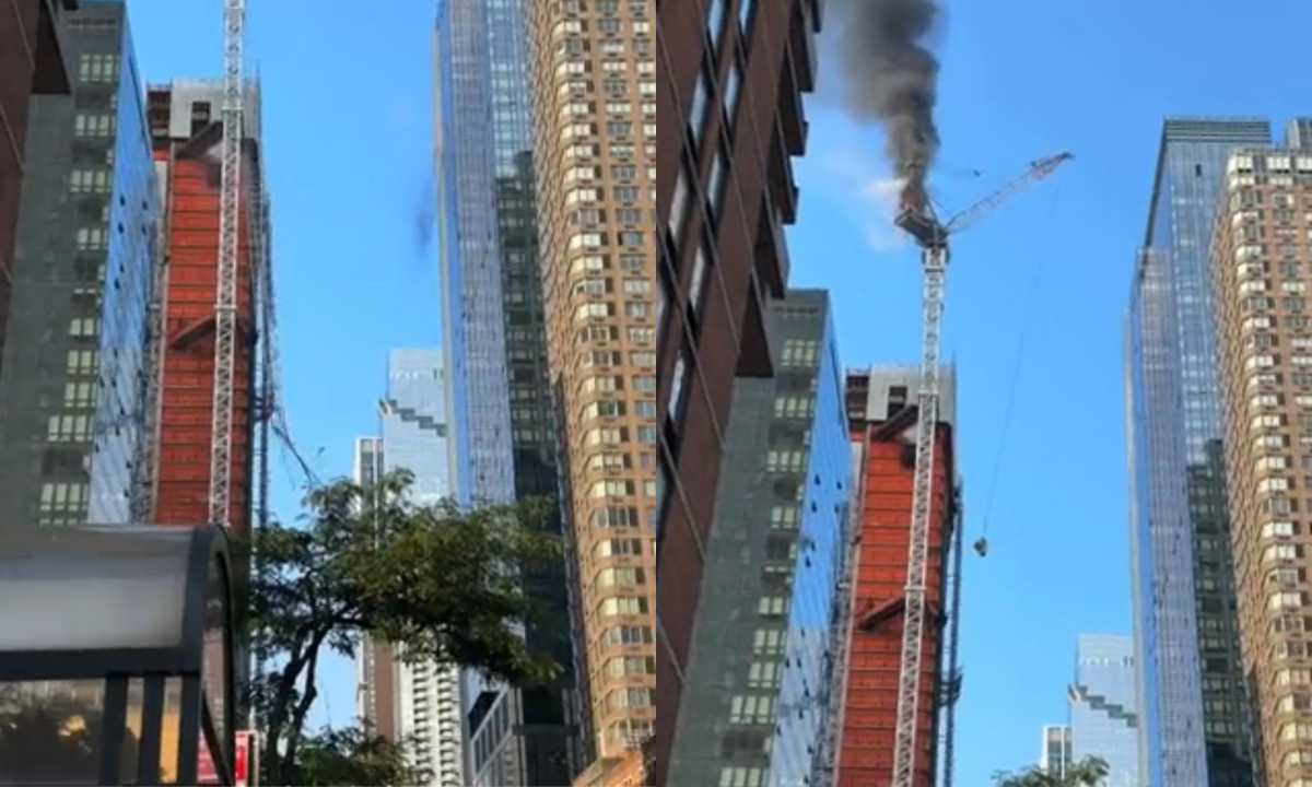 Guindaste pega fogo, desaba do topo de prédio em Nova York e deixa feridos - Reprodução/Twitter