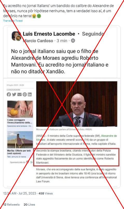 Agência de notícias italiana não publicou que filho de Alexandre de Moraes agrediu empresário