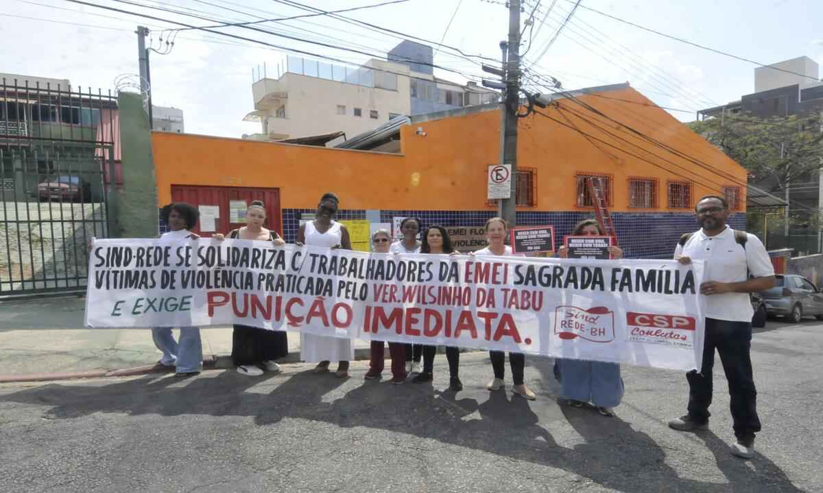 Educadores da rede pública realizam ato de apoio na Emei Sagrada Família - Túlio Santos/EM/D.A.Press. Brasil. Belo Horizonte - MG