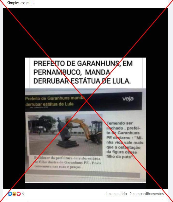 Garanhuns não derrubou estátua de Lula; imagem viral é do RS - Reprodução