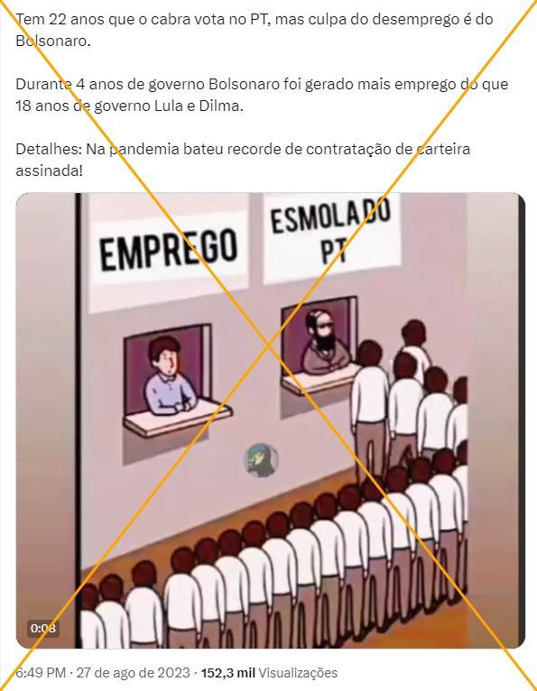 Postagem engana ao comparar dados de empregos de Lula e Dilma com Bolsonaro - Reprodução