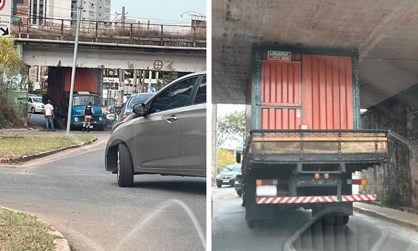 Carreta fica presa embaixo de viaduto e complica trânsito em Nova Lima - Redes Sociais/Divulgação