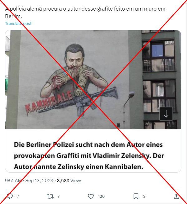 Imagens de pichação 'em Berlim' que mostra Zelensky como canibal foram manipuladas